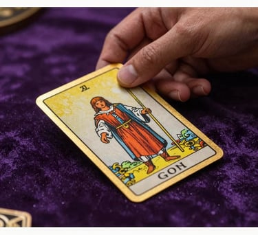 Detail of a hand holding a gold-edged tarot card over a purple velvet cloth, professional mystical atmosphere, South American context.