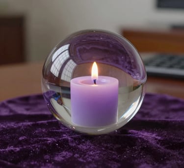 A close-up of an elegant crystal ball reflecting the soft light of a lavender candle, placed on a dark purple velvet cloth in a South American / Brazilian home office.