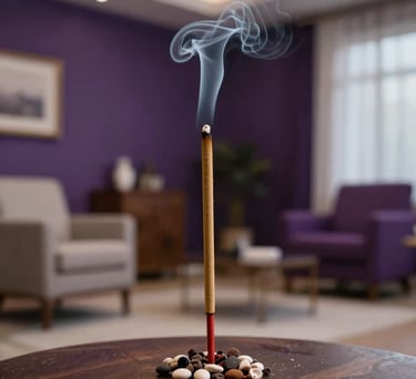 A burning stick of incense with a thin trail of smoke in a modern, elegant South American consultation room with purple accents.