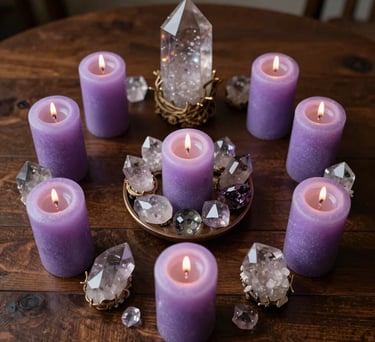 A top-down professional shot of an elegant South American esoteric altar with polished crystals and lavender-colored candles on a dark wooden table.