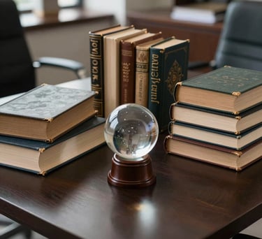 A collection of ancient mystical books and a crystal ball on a dark desk in a sophisticated Brazilian consulting office.