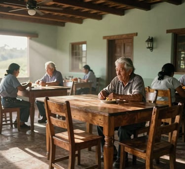 Photography of a sunlit dining hall for seniors in a South American Colombian village, warm wood tables, light mist and sage color palette, soft natural lighting.