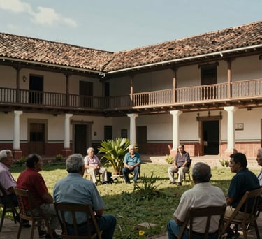 Photography of an outdoor courtyard in San Alfonso, Huila, with seniors sitting and talking, South American architecture, warm sunlight, muted green vegetation.