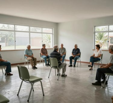 Wide shot of a clean, bright activity room for seniors in a Colombian community center, large windows, light mist walls, muted green chairs.