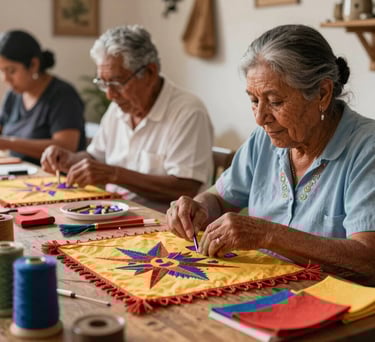 Photography of a shared workspace where seniors engage in traditional Colombian crafts, colorful materials, warm and inclusive atmosphere.