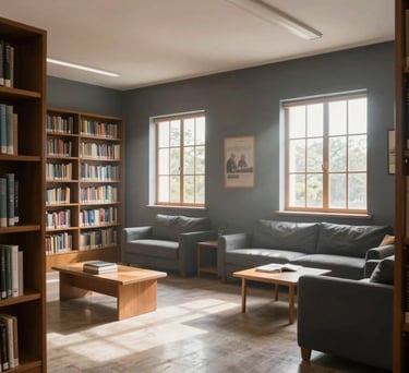 Interior shot of a library area for seniors, cozy and professional, South American / Colombian style, mist and dark gray decor, natural light.