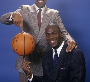 Michael Jordan and Julius Erving pose for a photo in the mid-1980s