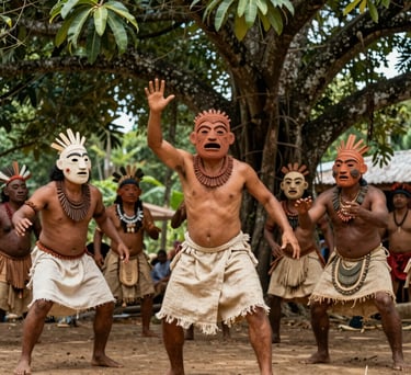 A South American / Brazilian Amazonian action photograph of an indigenous-inspired theater troupe performing outdoors. Actors in expressive clay masks and traditional linen costumes gesture dramatically under a huge mango tree canopy.