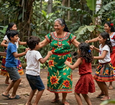 A beautiful South American / Brazilian Amazonian photography capture of children participating in a traditional regional dance workshop, laughing and guided by an elder woman in a vibrant forest green and floral dress.