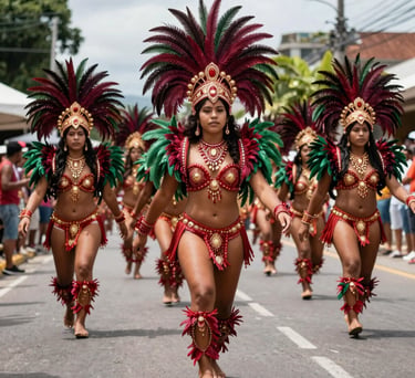 A dynamic South American / Brazilian Amazonian photography shot of a vibrant carnival parade. Dancers wearing immense deep carmine red and forest green feathered headdresses move in perfect rhythm down a sunny street.
