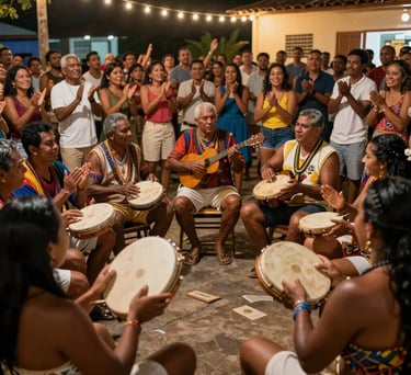A South American / Brazilian Amazonian cultural photograph of a lively outdoor roda de samba. Musicians sit in a tight circle playing pandeiros and cavaquinhos, surrounded by a joyful, clapping crowd under warm festoon lights.