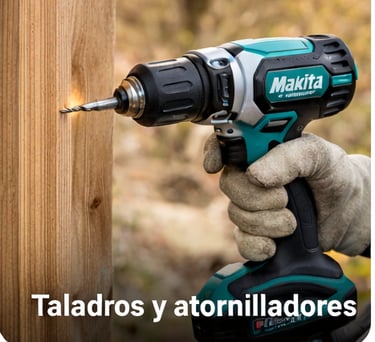 Makita cordless drill used by a gloved worker to bore a hole into a wooden beam.