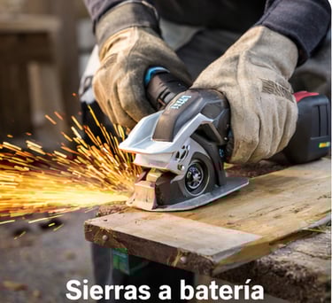 Professional carpenter using a cordless power saw to cut wood with sparks flying.