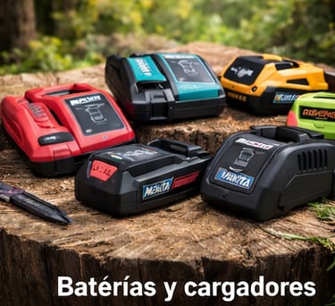 Various colorful cordless power tool batteries and chargers on a wooden stump outdoors.