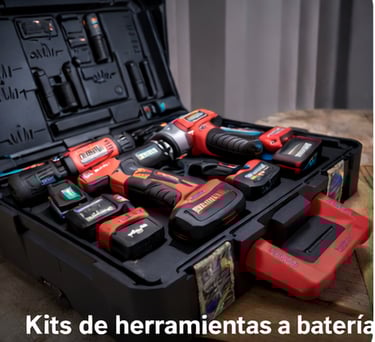 Kit de herramientas a batería en maletín rígido con taladro inalámbrico y accesorios.