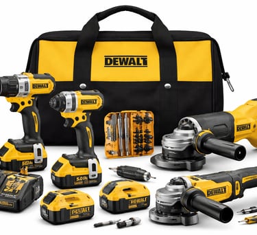 DeWalt cordless power tool combo kit including drill, impact driver, angle grinders, and tool bag.