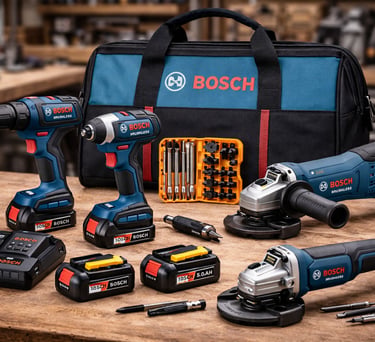 Bosch 18V cordless power tool set including brushless drill, impact driver, and angle grinders with tool bag.