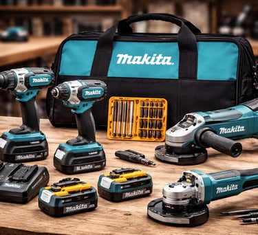 Makita cordless power tool set with drills, angle grinders, batteries, and a tool bag on a wooden workbench.