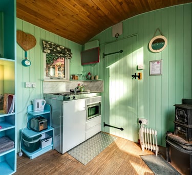 Cozy cabin interior with a compact kitchenette, mint green wood walls, and a vintage wood-burning stove.