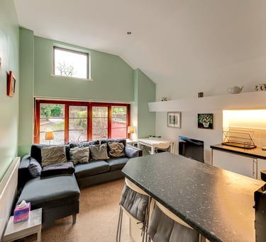 Modern open plan living room and kitchen with a grey corner sofa and vaulted ceilings.