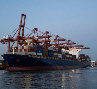 Professional photography of a large-scale international port with massive container ships and cranes at dusk. The lighting is cinematic, reflecting dark navy and light blue colors on the water, symbolizing global trade and logistics in an International Global context.