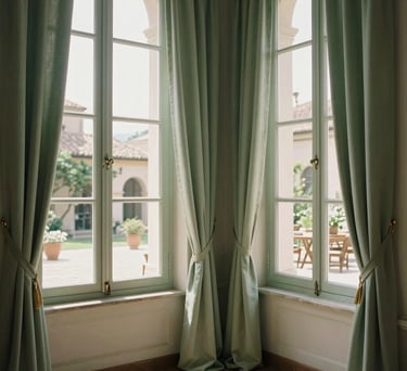 A bright corner of a room with a large window overlooking a Southern European / Italian courtyard, sage green curtains, soft elegant atmosphere.