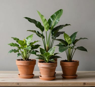 A cluster of green indoor plants in terracotta pots arranged on a minimalist shelf, soft shadows, Southern European / Italian studio environment.