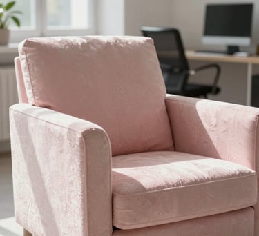 A detail of a light pearl pink textile armchair in a bright pedagogist office, soft natural morning light, Southern European / Italian style.