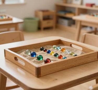 Close up of a wooden tray with sand and colorful glass beads on a low table in a child-centered pedagogist room, Southern European / Italian design.