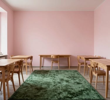 A wide angle shot of a minimalist pedagogist studio in Italy, featuring soft pink walls, a green velvet rug, and natural wood furniture, elegant and calm.