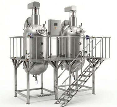 Industrial stainless steel fermentation tanks with access platform and stairs for chemical processing.