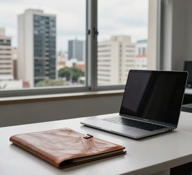 A professional workspace in a South American city, featuring a clean desk with a laptop, a leather folder, and a view of modern Brazilian architecture through the window, bright daylight.