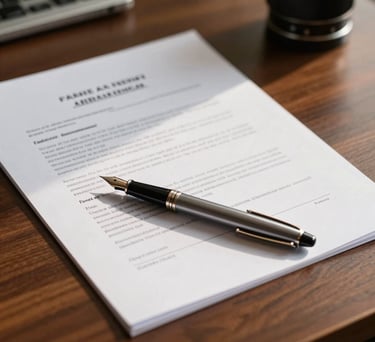 A close-up photograph of high-quality legal documents and a fountain pen resting on a dark wood desk in a Brazilian advisory office, warm morning light, professional and sophisticated atmosphere.