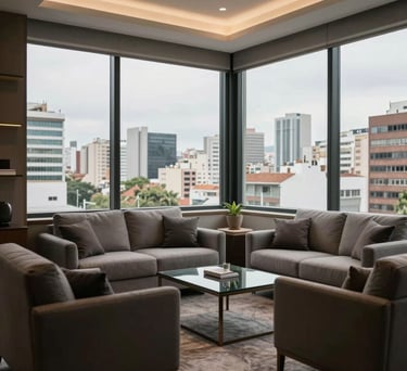 A photograph of a modern, high-end consultation room in a South American city, featuring comfortable seating, large windows with a cityscape view, and a sense of calm authority.