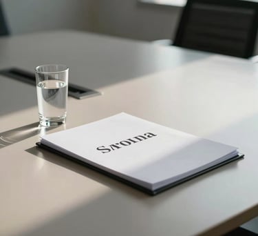 A minimalist photograph of a conference room table with a glass of water and a legal folder, soft shadows, clean and professional South American office interior.