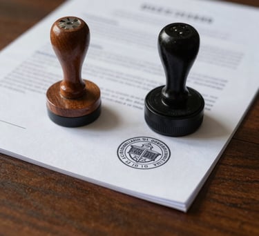 Detailed shot of a Brazilian notary stamp and official seal on a heavy paper document, resting on a polished dark wood surface with soft morning light.