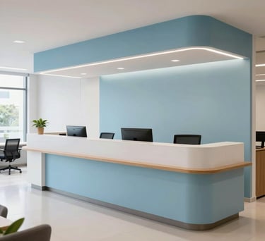 A wide shot of a contemporary reception area in a Brazilian advisory firm, featuring clean lines, light blue accents, and a professional, welcoming environment.