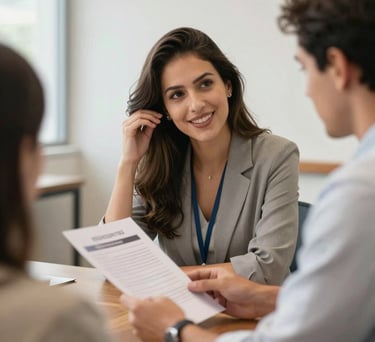 A candid shot of a consultant explaining a document to a client in a bright, modern meeting room in Brazil, showing empathy and expert communication.