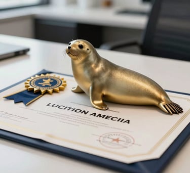 A focused shot of a gold-colored seal and ribbon on a formal certificate, emphasizing precision and authority, located in a bright South American professional office.