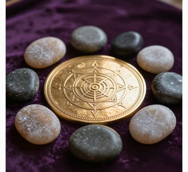 Photography of a collection of Reiki healing stones and a gold-engraved Yantra plate on a deep purple velvet cloth, soft focused lighting, professional mystic style, Global / Western.