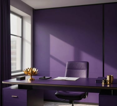 Photography of a serene, minimalist study room with deep royal purple accents and a golden lotus sculpture on a desk, soft morning sunlight, professional and calm, Global / Western.