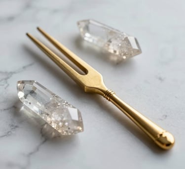 A close-up photograph of high-quality polished crystals and a golden tuning fork resting on a white marble surface, soft natural lighting, elegant composition, Global / Western.