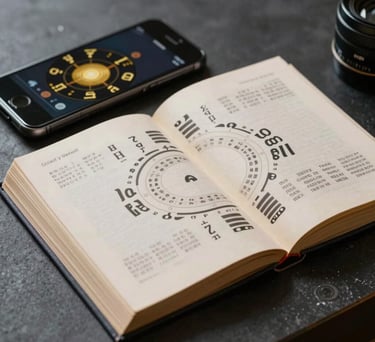 Photography of an open I-Ching book next to a mobile phone with numerology symbols on screen, golden ratio composition, modern mystical desk setting, Global / Western.