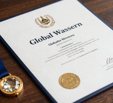 A close-up photograph of a professional certification diploma resting on a dark wood surface next to a golden crystal. Global / Western.