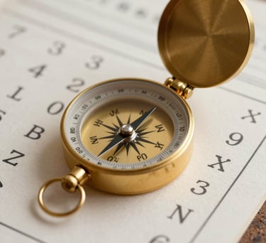 Close-up photography of a golden compass and a handwritten numerology chart on high-quality paper, soft light, sophisticated spiritual study vibe, Global / Western.