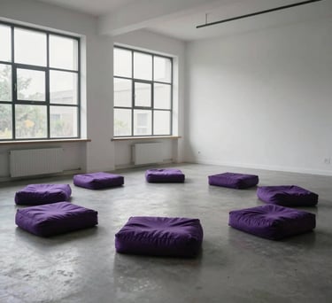 Wide shot of a modern minimalist workshop space with large windows, white walls, and royal purple meditation cushions arranged in a circle, Global / Western.