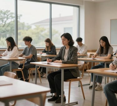A professional and serene classroom setting for spiritual learning, featuring a large windows with natural light and minimalist wooden furniture. Global / Western style.