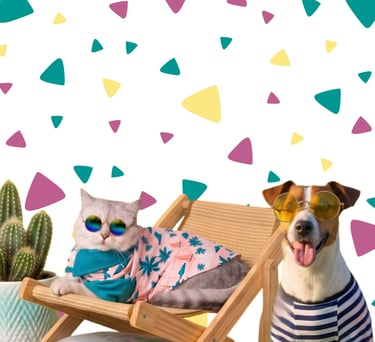 Gato y perro usando gafas de sol y ropa de verano en sillas de playa.