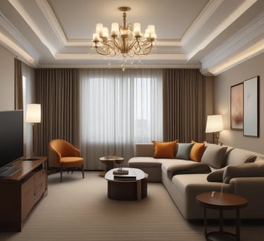 View of the city skyline from the deluxe room balcony at sunset.