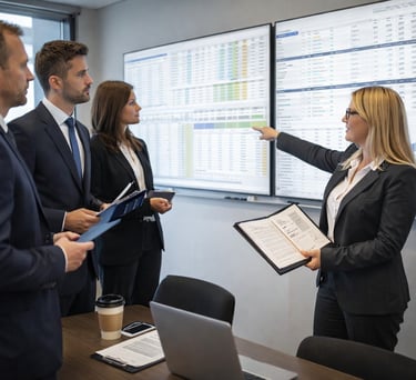A diverse business team analyzes data charts and performance metrics on large digital displays in a modern office.
